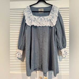 Damson Madder Blue and White Checkered Dress with Floral Embroidered Collar
